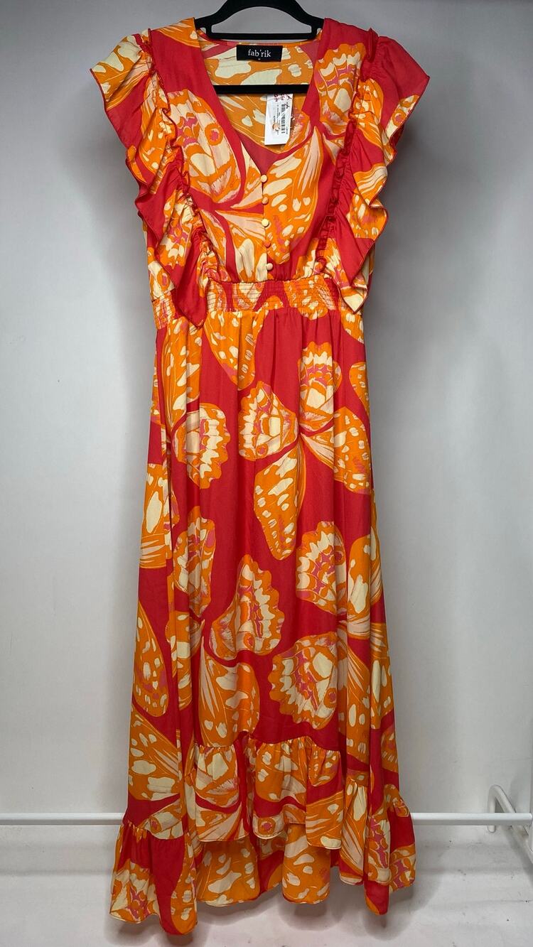 Fabrik Ella Butterfly Printed Midi Dress Orange Women's Medium Pink NWT NEW